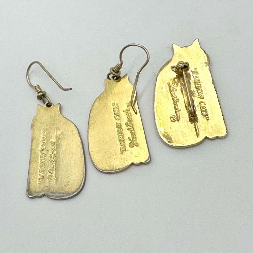 Laurel Burch Vintage Rainbow Cats Earring & Brooch Lapel Pin Set - Picture 2 of 6